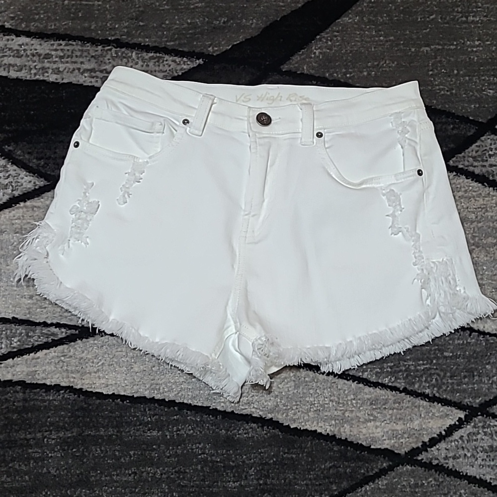 VINTAGE VICTORIA SECRET DISTRESSED RAW-EDGE HIGH-WAISTED WHITE DENIM JEAN SHORTS